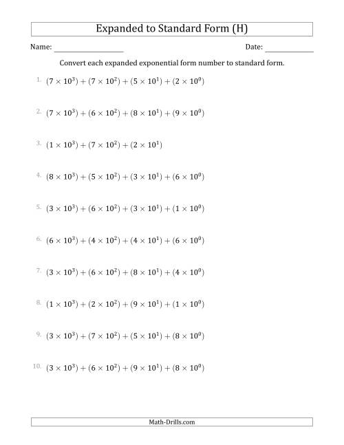The Converting Expanded Exponential Form Numbers to Standard Form (4-Digit Numbers) (H) Math Worksheet