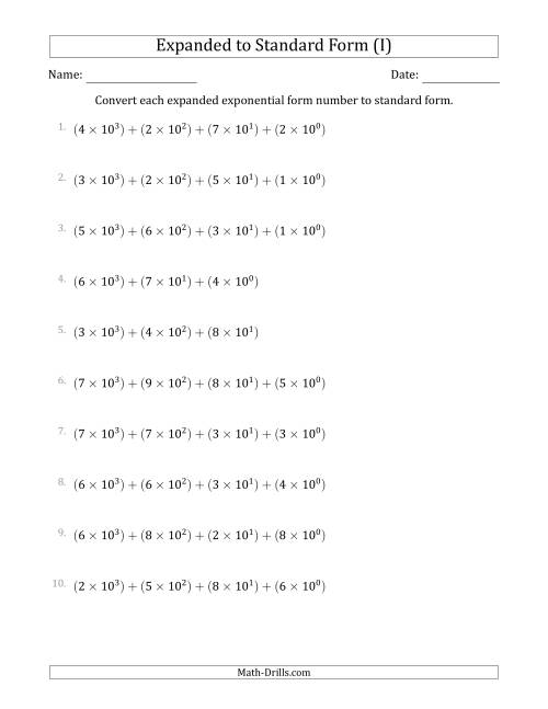 The Converting Expanded Exponential Form Numbers to Standard Form (4-Digit Numbers) (I) Math Worksheet