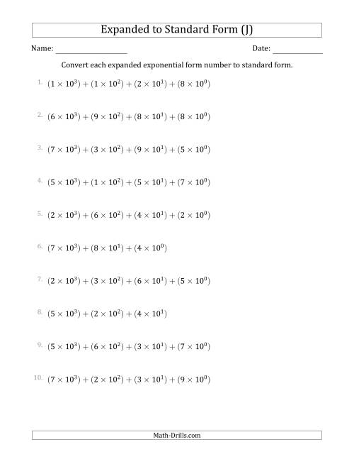 The Converting Expanded Exponential Form Numbers to Standard Form (4-Digit Numbers) (J) Math Worksheet