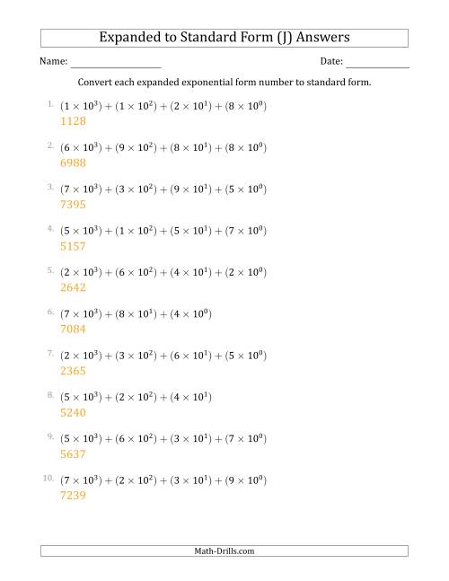 The Converting Expanded Exponential Form Numbers to Standard Form (4-Digit Numbers) (J) Math Worksheet Page 2