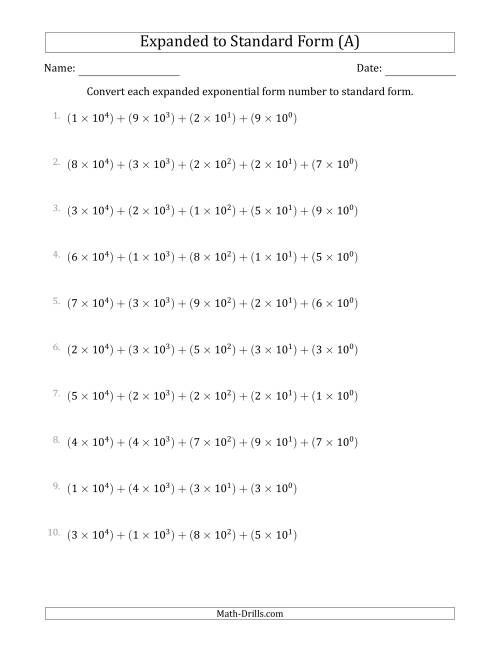 The Converting Expanded Exponential Form Numbers to Standard Form (5-Digit Numbers) (US/UK) (A) Math Worksheet