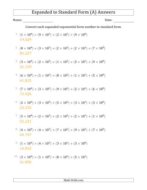 The Converting Expanded Exponential Form Numbers to Standard Form (5-Digit Numbers) (US/UK) (A) Math Worksheet Page 2