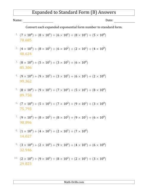 The Converting Expanded Exponential Form Numbers to Standard Form (5-Digit Numbers) (US/UK) (B) Math Worksheet Page 2
