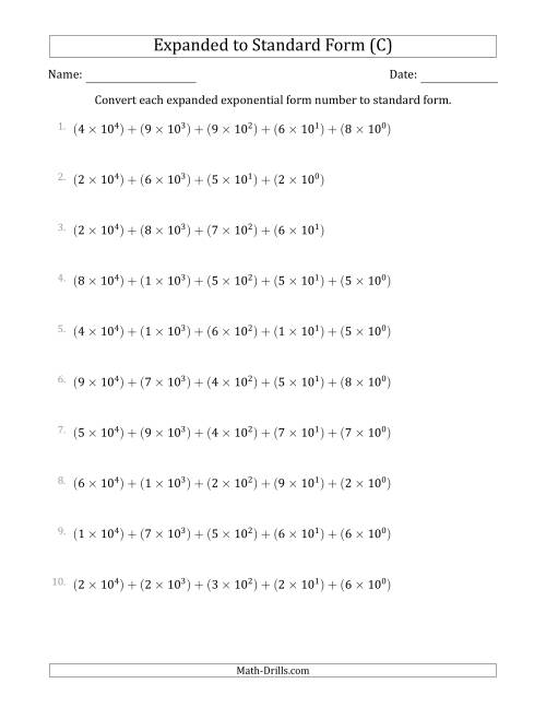 The Converting Expanded Exponential Form Numbers to Standard Form (5-Digit Numbers) (US/UK) (C) Math Worksheet