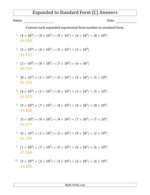 The Converting Expanded Exponential Form Numbers to Standard Form (5-Digit Numbers) (US/UK) (C) Math Worksheet Page 2