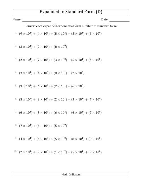 The Converting Expanded Exponential Form Numbers to Standard Form (5-Digit Numbers) (US/UK) (D) Math Worksheet