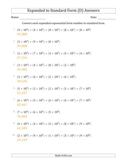The Converting Expanded Exponential Form Numbers to Standard Form (5-Digit Numbers) (US/UK) (D) Math Worksheet Page 2
