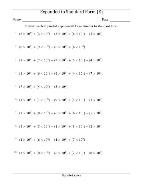 The Converting Expanded Exponential Form Numbers to Standard Form (5-Digit Numbers) (US/UK) (E) Math Worksheet