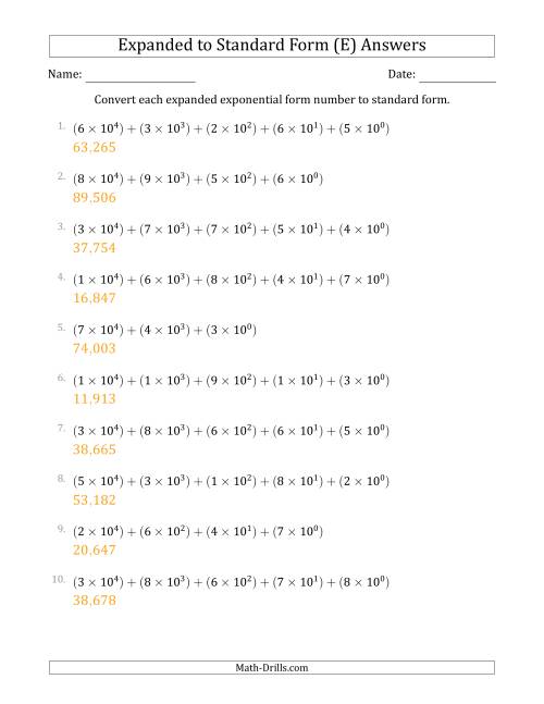 The Converting Expanded Exponential Form Numbers to Standard Form (5-Digit Numbers) (US/UK) (E) Math Worksheet Page 2
