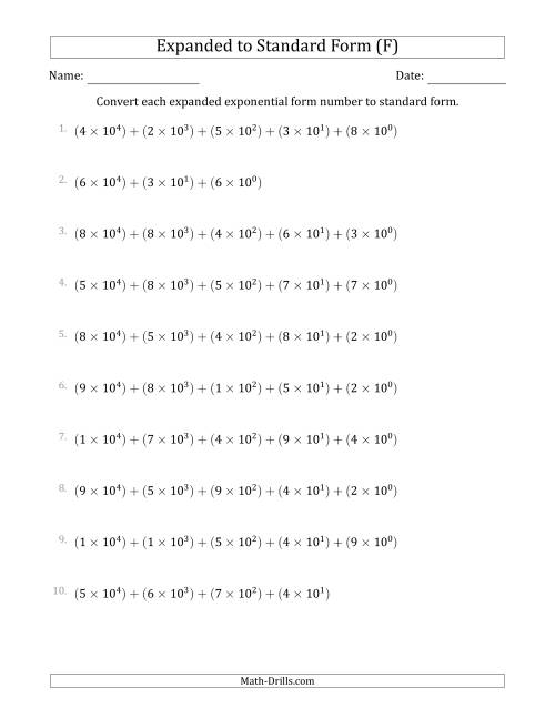 The Converting Expanded Exponential Form Numbers to Standard Form (5-Digit Numbers) (US/UK) (F) Math Worksheet
