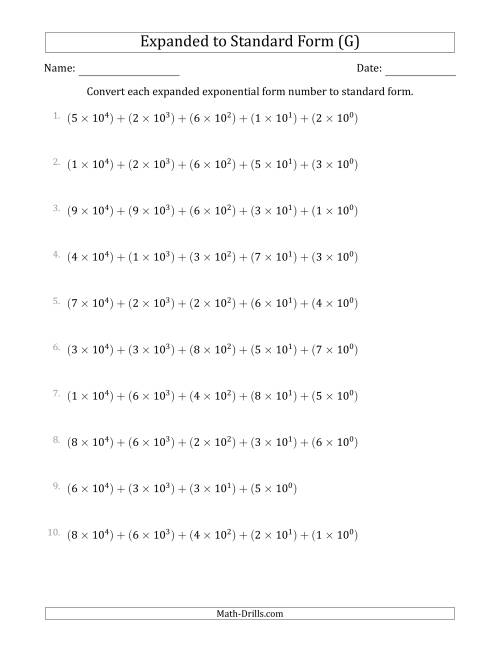The Converting Expanded Exponential Form Numbers to Standard Form (5-Digit Numbers) (US/UK) (G) Math Worksheet