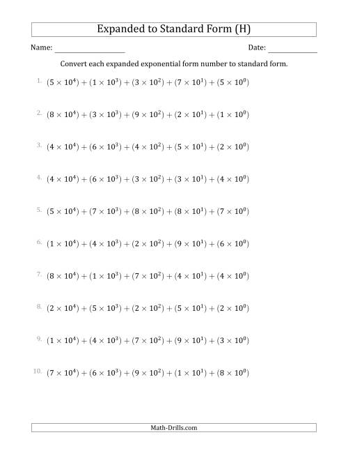 The Converting Expanded Exponential Form Numbers to Standard Form (5-Digit Numbers) (US/UK) (H) Math Worksheet