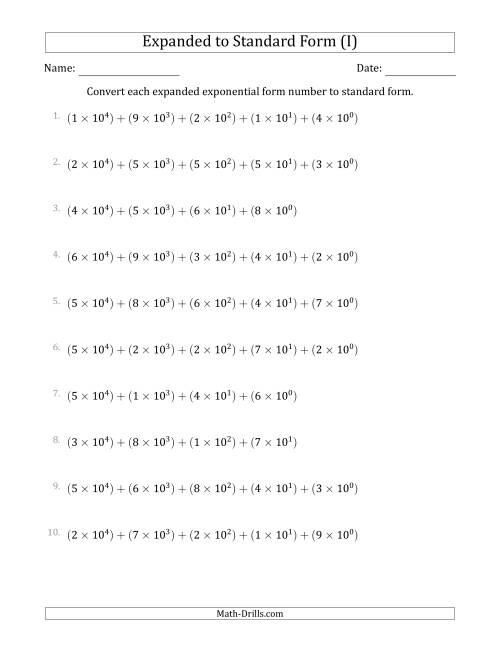The Converting Expanded Exponential Form Numbers to Standard Form (5-Digit Numbers) (US/UK) (I) Math Worksheet