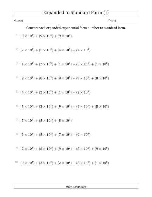The Converting Expanded Exponential Form Numbers to Standard Form (5-Digit Numbers) (US/UK) (J) Math Worksheet