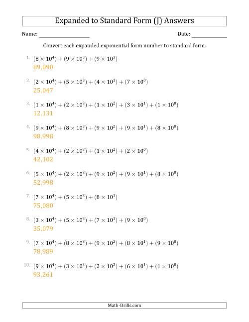 The Converting Expanded Exponential Form Numbers to Standard Form (5-Digit Numbers) (US/UK) (J) Math Worksheet Page 2