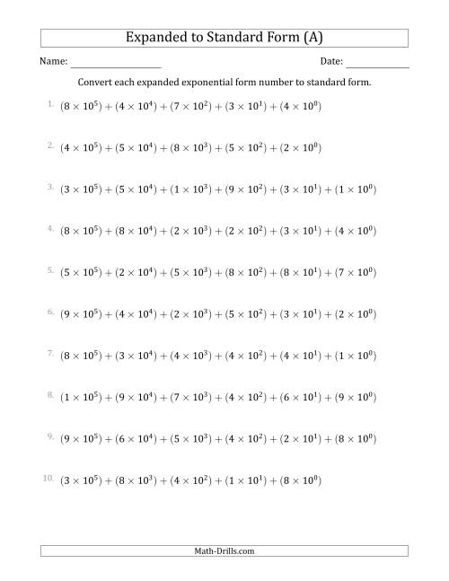 The Converting Expanded Exponential Form Numbers to Standard Form (6-Digit Numbers) (US/UK) (A) Math Worksheet