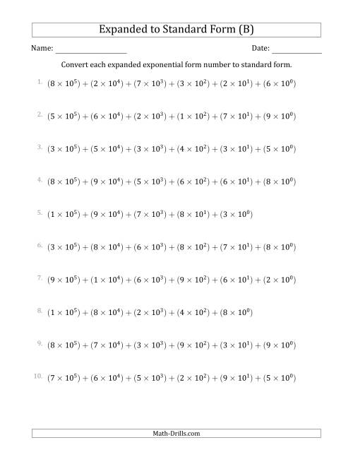 The Converting Expanded Exponential Form Numbers to Standard Form (6-Digit Numbers) (US/UK) (B) Math Worksheet
