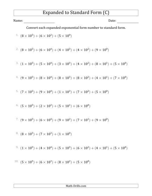 The Converting Expanded Exponential Form Numbers to Standard Form (6-Digit Numbers) (US/UK) (C) Math Worksheet
