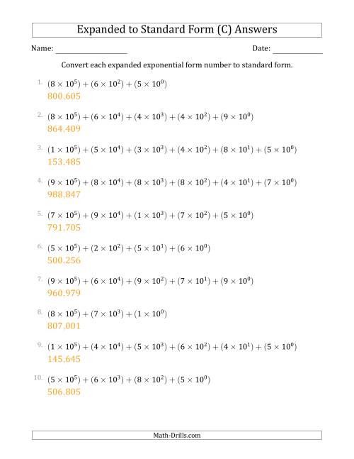 The Converting Expanded Exponential Form Numbers to Standard Form (6-Digit Numbers) (US/UK) (C) Math Worksheet Page 2
