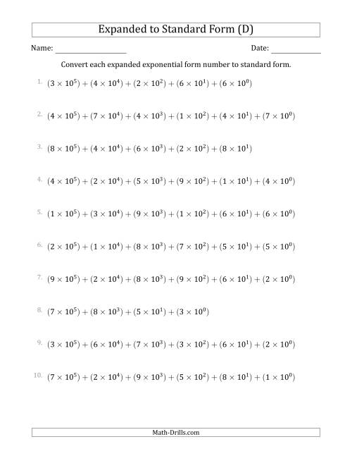 The Converting Expanded Exponential Form Numbers to Standard Form (6-Digit Numbers) (US/UK) (D) Math Worksheet