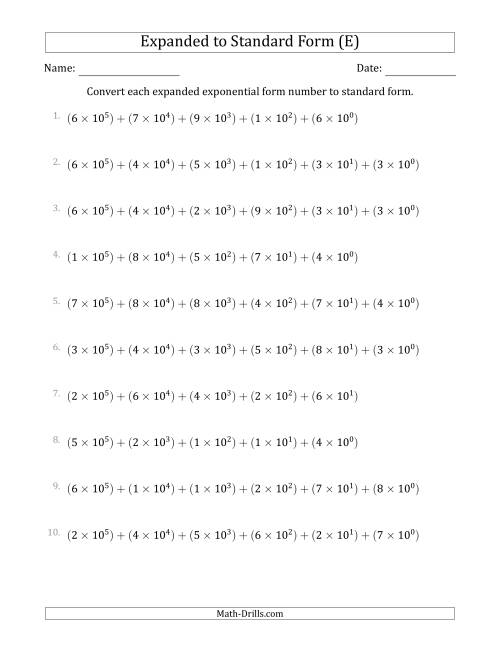 The Converting Expanded Exponential Form Numbers to Standard Form (6-Digit Numbers) (US/UK) (E) Math Worksheet