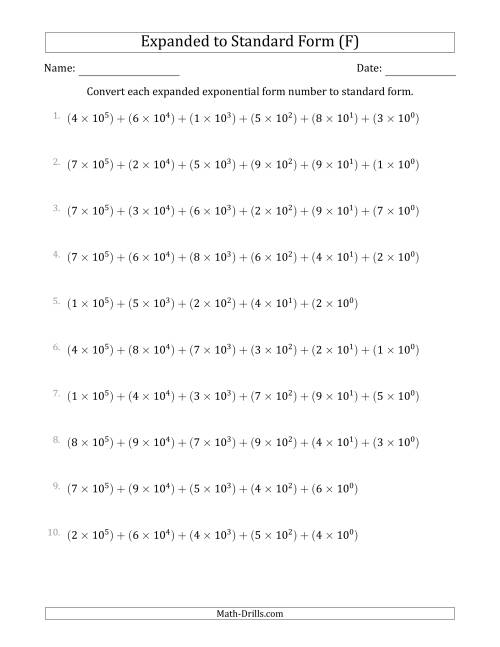 The Converting Expanded Exponential Form Numbers to Standard Form (6-Digit Numbers) (US/UK) (F) Math Worksheet