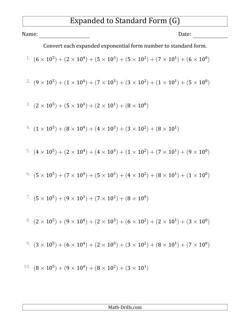 The Converting Expanded Exponential Form Numbers to Standard Form (6-Digit Numbers) (US/UK) (G) Math Worksheet