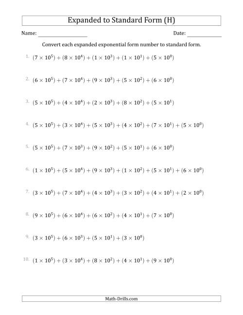 The Converting Expanded Exponential Form Numbers to Standard Form (6-Digit Numbers) (US/UK) (H) Math Worksheet