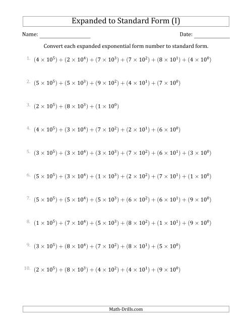 The Converting Expanded Exponential Form Numbers to Standard Form (6-Digit Numbers) (US/UK) (I) Math Worksheet