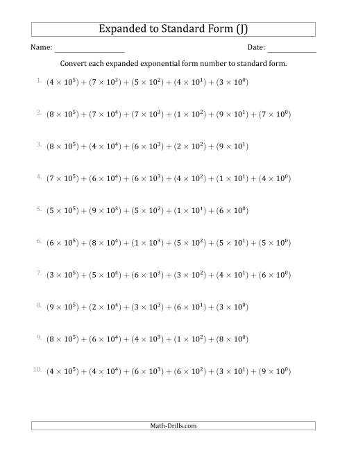 The Converting Expanded Exponential Form Numbers to Standard Form (6-Digit Numbers) (US/UK) (J) Math Worksheet