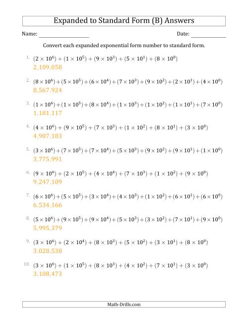 The Converting Expanded Exponential Form Numbers to Standard Form (7-Digit Numbers) (US/UK) (B) Math Worksheet Page 2