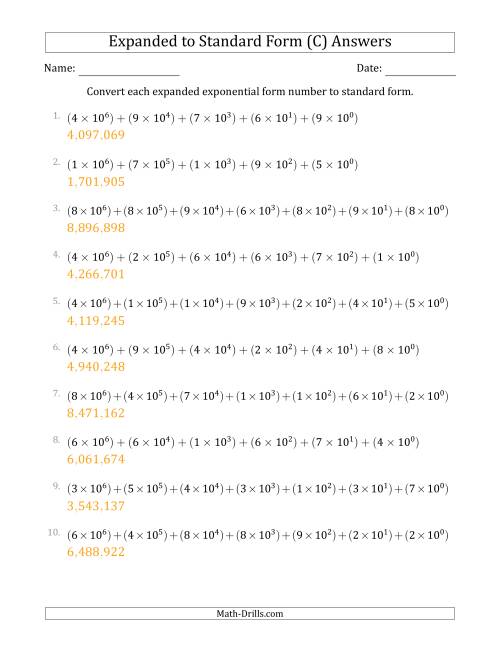 The Converting Expanded Exponential Form Numbers to Standard Form (7-Digit Numbers) (US/UK) (C) Math Worksheet Page 2