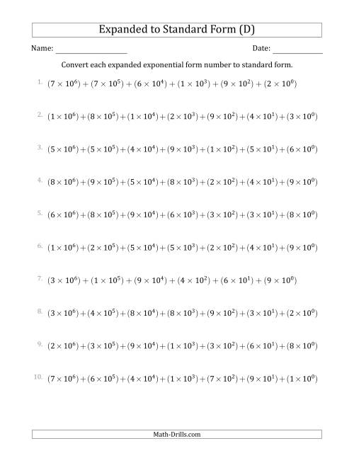 The Converting Expanded Exponential Form Numbers to Standard Form (7-Digit Numbers) (US/UK) (D) Math Worksheet