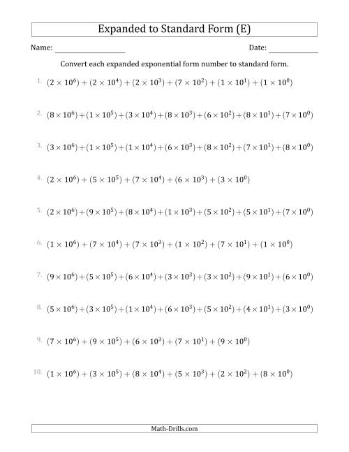 The Converting Expanded Exponential Form Numbers to Standard Form (7-Digit Numbers) (US/UK) (E) Math Worksheet