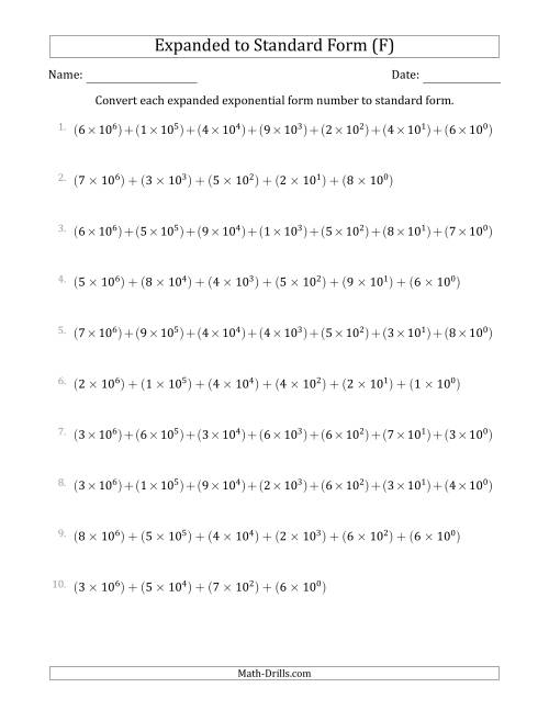 The Converting Expanded Exponential Form Numbers to Standard Form (7-Digit Numbers) (US/UK) (F) Math Worksheet