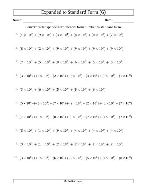 The Converting Expanded Exponential Form Numbers to Standard Form (7-Digit Numbers) (US/UK) (G) Math Worksheet