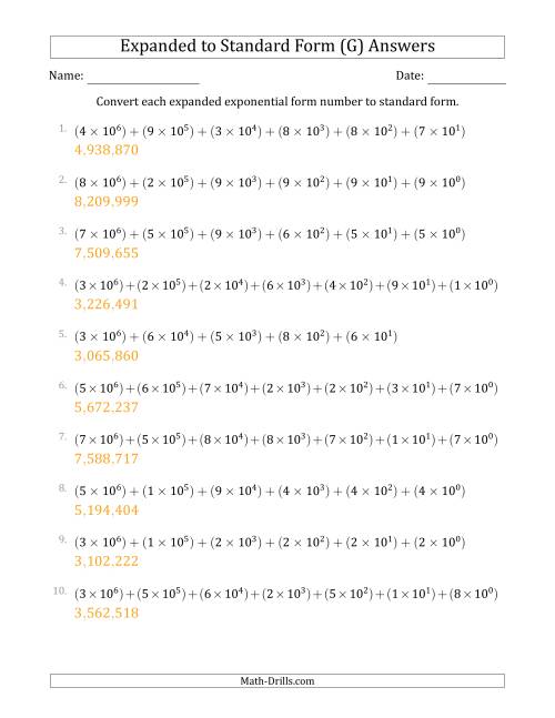 The Converting Expanded Exponential Form Numbers to Standard Form (7-Digit Numbers) (US/UK) (G) Math Worksheet Page 2