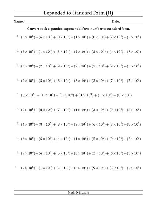 The Converting Expanded Exponential Form Numbers to Standard Form (7-Digit Numbers) (US/UK) (H) Math Worksheet