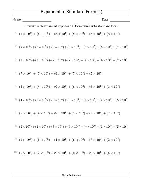 The Converting Expanded Exponential Form Numbers to Standard Form (7-Digit Numbers) (US/UK) (I) Math Worksheet