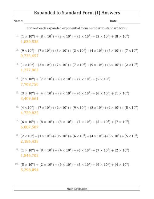 The Converting Expanded Exponential Form Numbers to Standard Form (7-Digit Numbers) (US/UK) (I) Math Worksheet Page 2