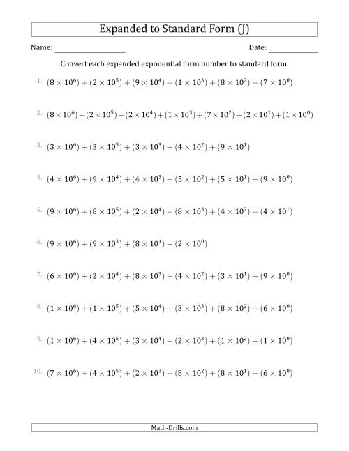 The Converting Expanded Exponential Form Numbers to Standard Form (7-Digit Numbers) (US/UK) (J) Math Worksheet