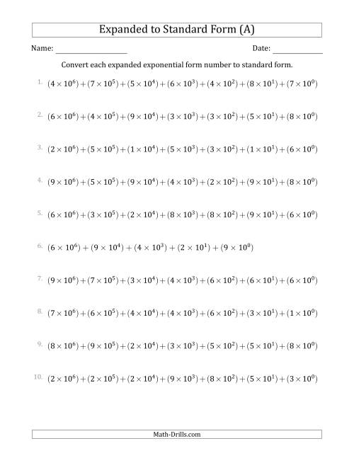 The Converting Expanded Exponential Form Numbers to Standard Form (7-Digit Numbers) (US/UK) (All) Math Worksheet