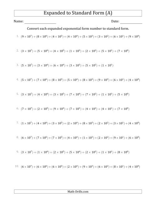 The Converting Expanded Exponential Form Numbers to Standard Form (8-Digit Numbers) (US/UK) (A) Math Worksheet