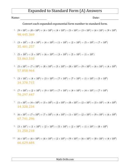 The Converting Expanded Exponential Form Numbers to Standard Form (8-Digit Numbers) (US/UK) (A) Math Worksheet Page 2