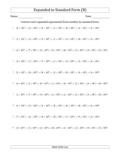 The Converting Expanded Exponential Form Numbers to Standard Form (8-Digit Numbers) (US/UK) (B) Math Worksheet