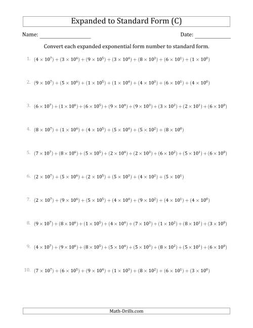 The Converting Expanded Exponential Form Numbers to Standard Form (8-Digit Numbers) (US/UK) (C) Math Worksheet