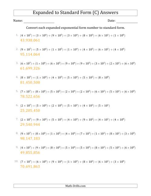 The Converting Expanded Exponential Form Numbers to Standard Form (8-Digit Numbers) (US/UK) (C) Math Worksheet Page 2