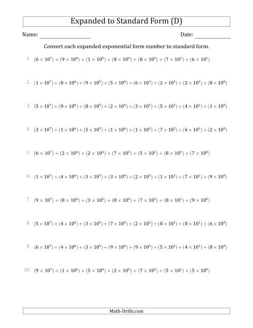 The Converting Expanded Exponential Form Numbers to Standard Form (8-Digit Numbers) (US/UK) (D) Math Worksheet