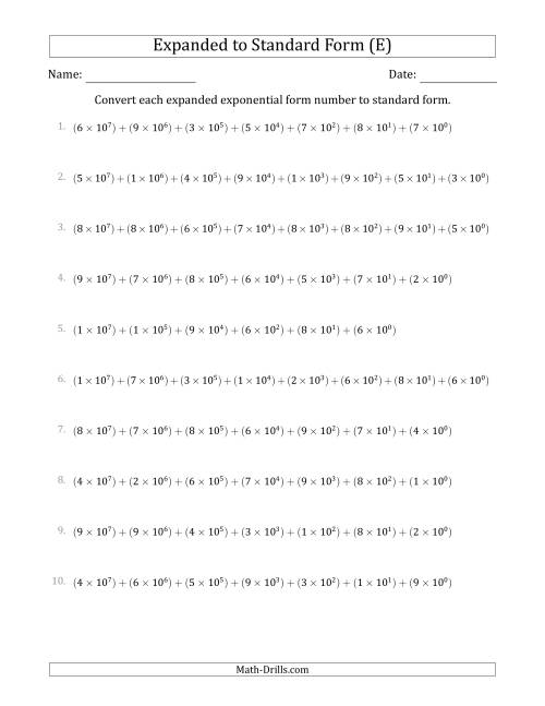 The Converting Expanded Exponential Form Numbers to Standard Form (8-Digit Numbers) (US/UK) (E) Math Worksheet