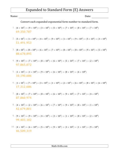 The Converting Expanded Exponential Form Numbers to Standard Form (8-Digit Numbers) (US/UK) (E) Math Worksheet Page 2